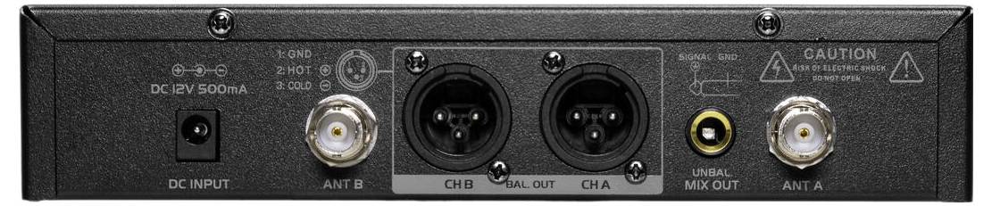 Das Bild zeigt die Rückseite eines Audiogeräts mit DC-Eingang, zwei XLR-Ausgängen mit den Bezeichnungen „CH A