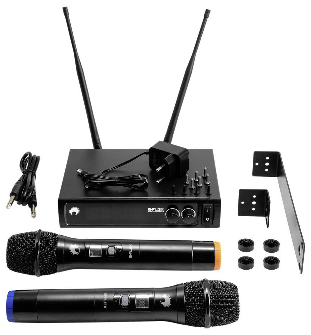 Drahtloses Mikrofonsystem mit zwei Handmikrofonen, einem Empfänger, Netzteil, Kabeln, Montageklammern und Zubehör.