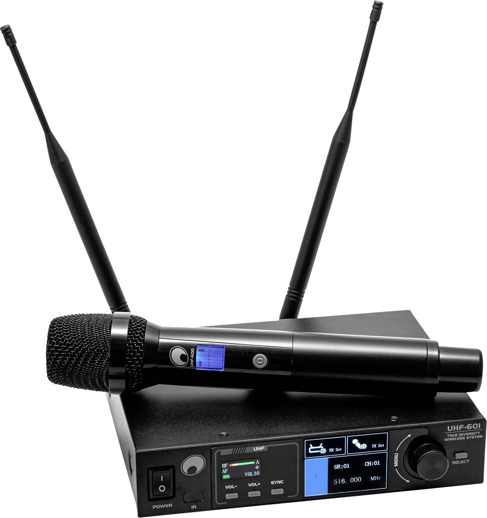 Ein drahtloses Mikrofonsystem mit einem tragbaren Mikrofon und einem Empfänger mit digitalem Display und Bedienelementen, das eine professionelle Audioanlage hervorhebt.
