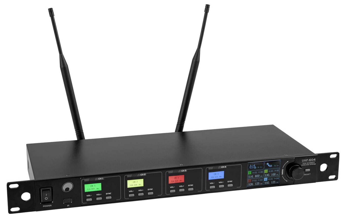 Rackmontierbarer drahtloser Mikrofonempfänger mit vier Kanälen, von denen jeder den Status auf farbigen Bildschirmen anzeigt, und zwei Antennen.