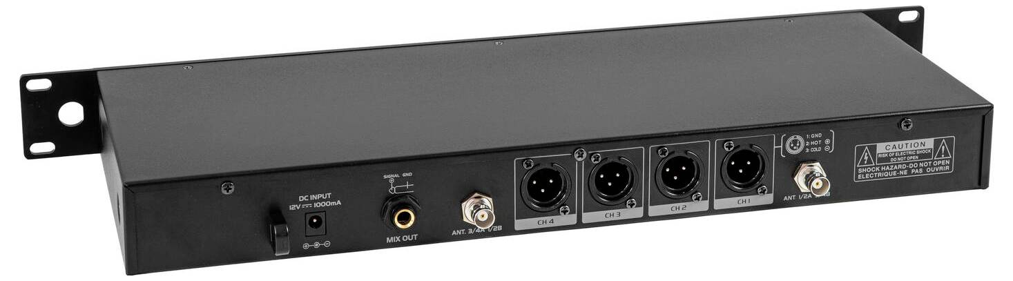 Rückseite eines Audiogeräts mit Stromeingang, Koaxialport, zwei Antennensteckern, vier XLR-Audioausgängen und einem Serviceport.