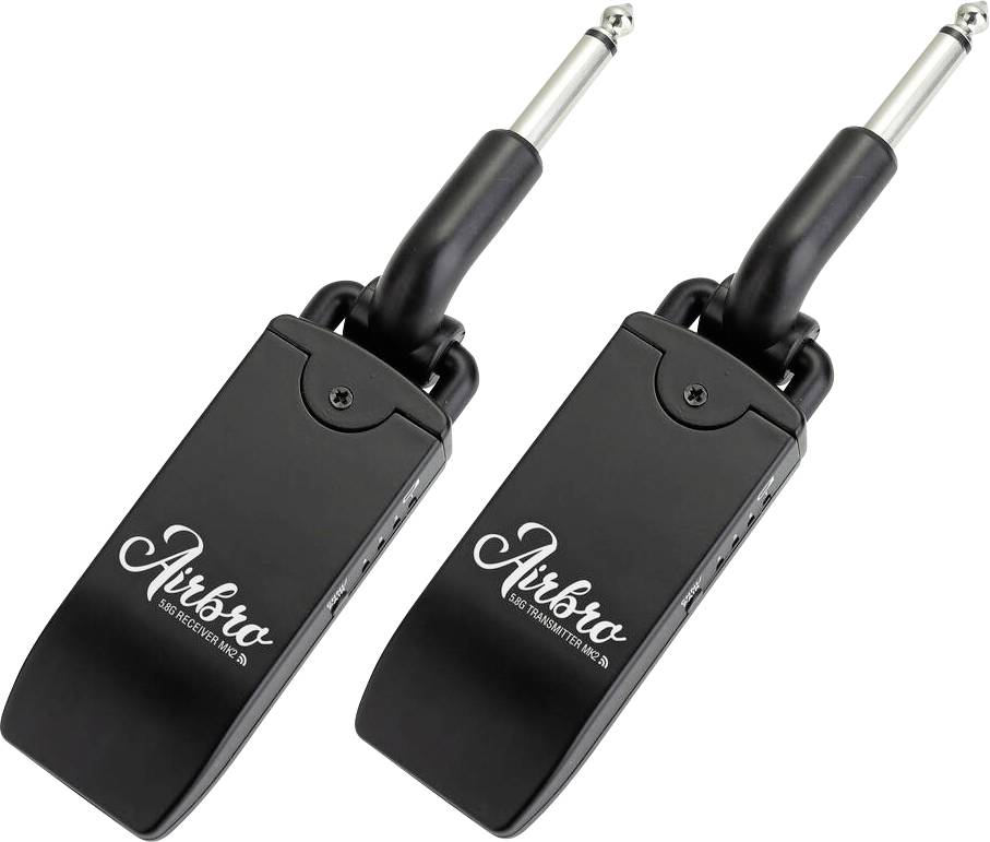 Zwei schwarze kabellose Gitarren-Sender mit der Bezeichnung 