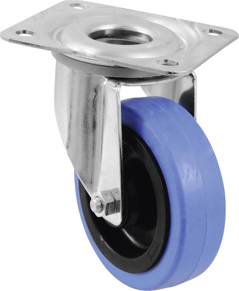 Ein Metallschwenkrolle mit blauem Rad wird gezeigt, typischerweise verwendet für die Mobilität von Möbeln und Ausrüstung.