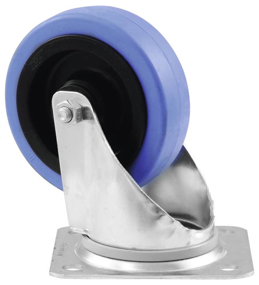 Ein einzelnes, blaues Gummirad auf einer Metallhalterung montiert, entworfen für die Verwendung in Möbel- oder Gerätemobilitätsanwendungen.