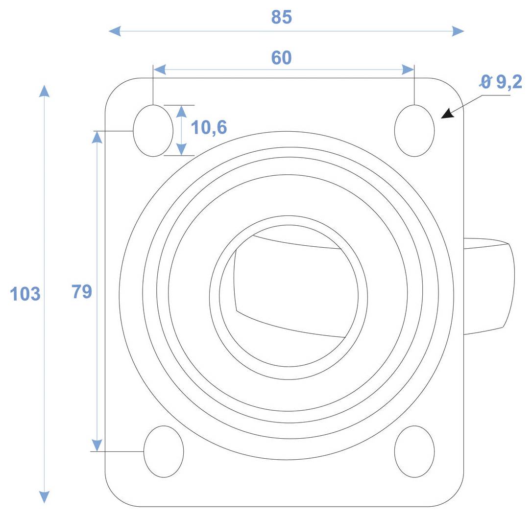 Eine technische Zeichnung einer Befestigungsplatte mit Abmessungen: 85 mm breit, 103 mm hoch, zentrale Öffnung mit 60 mm Durchmesser und vier Befestigungslöcher.