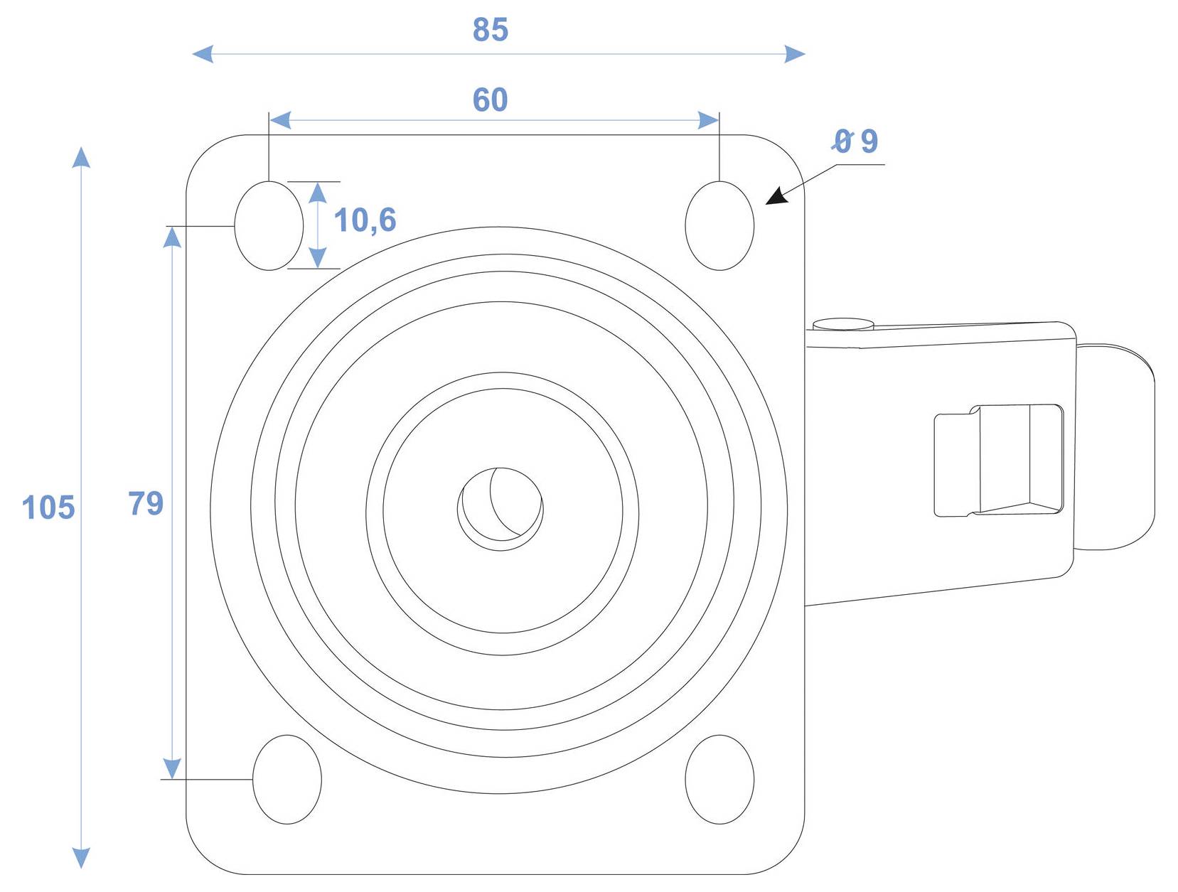 Technische Zeichnung mit bemaßter Draufsicht einer mechanischen Komponente: Höhe 105 mm, Breite 85 mm, Kreiselement Durchmesser 10,6 mm, Bohrungsdurchmesser 9 mm.