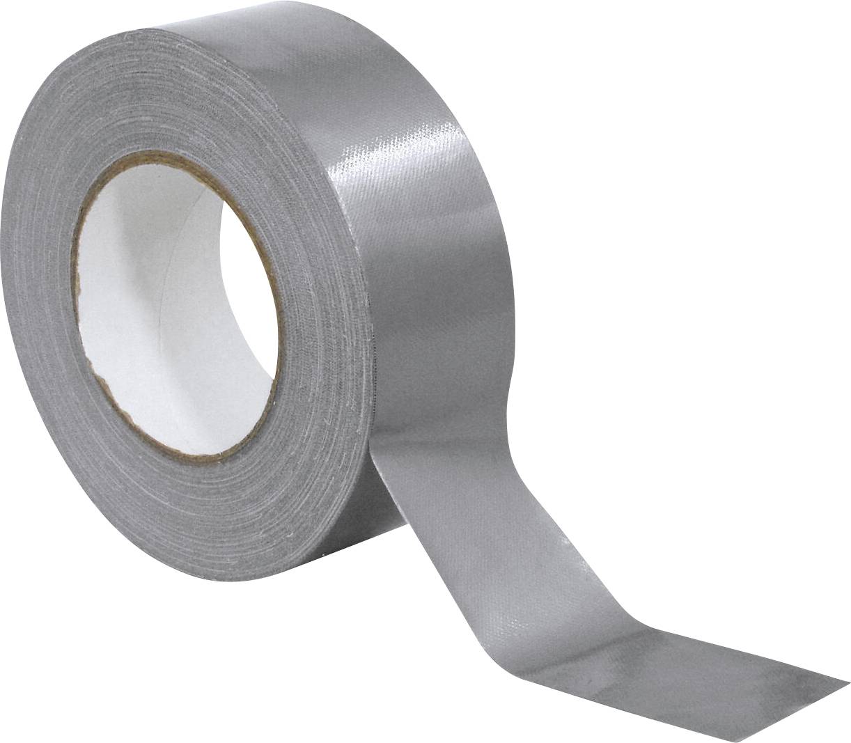 Eine Rolle graues Klebeband mit einem lockeren Ende, das aufgerollt ist und die Klebstoffseite zeigt.
