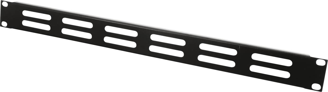 Ein schwarzes Metall-Rackmontage-Paneel mit mehreren horizontalen Schlitzen für die Kabelführung in einem Audio- oder Netzwerk-Geräteaufbau.