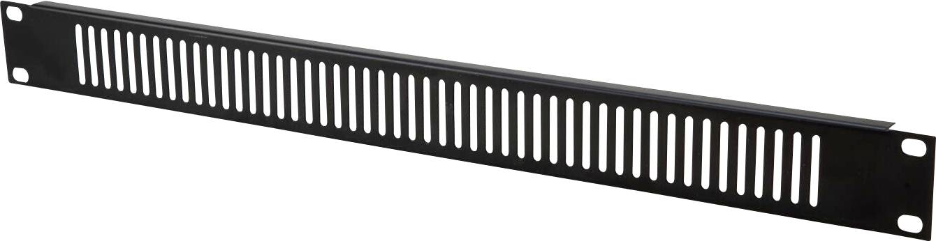 Ein schwarzer 1U-Lüftungspaneel für Serverracks mit vertikalen Schlitzen zur Luftzirkulation in Serverracks.