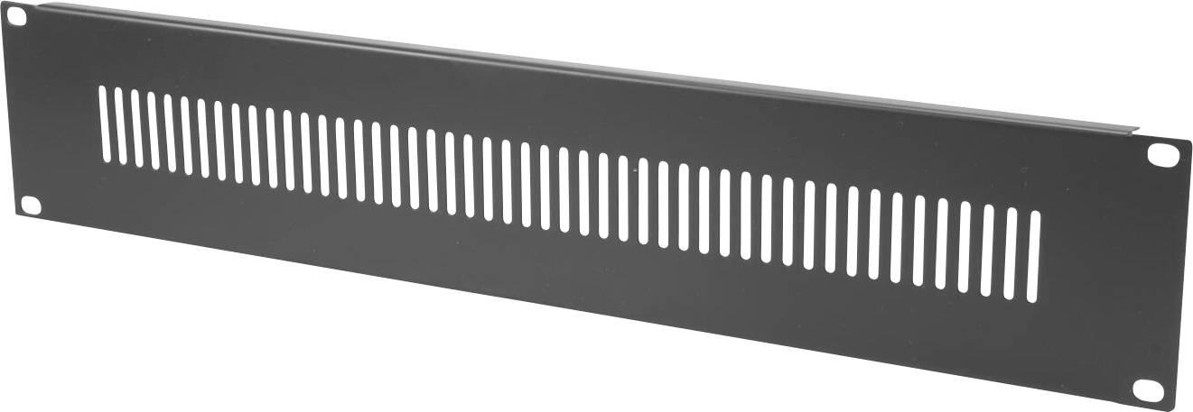 Ein schwarzes, 2U-Rackmontagepanel mit mehreren vertikalen Belüftungsschlitzen, das für Luftstrom und Kabelmanagement in elektronischen Gerätegehäusen ausgelegt ist.