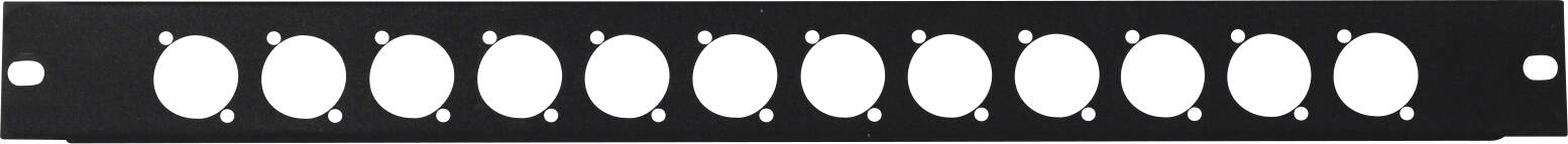 Ein schwarzes Rackpanel mit zwölf gleichmäßig verteilten kreisförmigen Ausschnitten, das zur Montage in Netzwerk- oder Serverracks verwendet wird.
