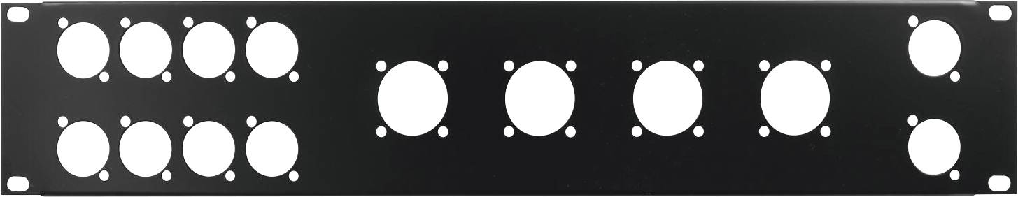 Ein schwarzes Metallblech mit mehreren kreisförmigen Aussparungen, die in einer Reihe angeordnet sind, wird zum Einbau elektronischer Komponenten oder Stecker verwendet.