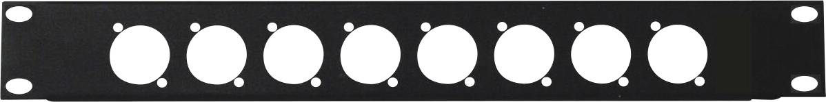 Ein schwarzes Metallpaneel mit sieben kreisförmigen Ausschnitten, die gleichmäßig verteilt sind, wahrscheinlich zum Montieren oder Organisieren von Geräten in einem Rack- oder Gehäusesystem.