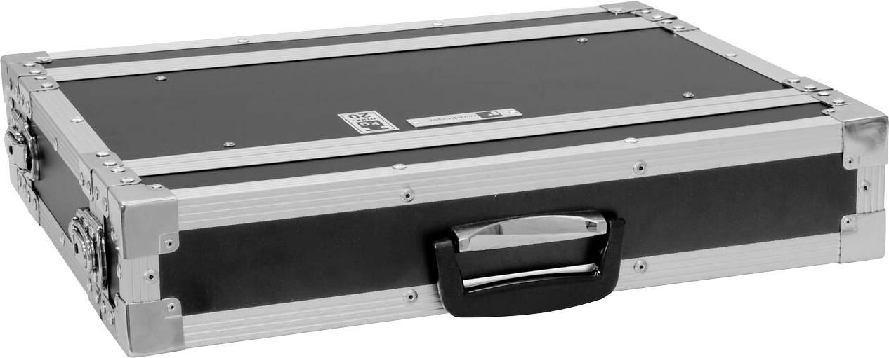 Ein geschlossener schwarzer und silberner Metallkoffer mit einem Griff an der Seite, entwickelt für sicheren Transport oder Lagerung.