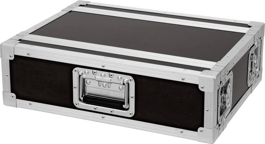 Ein robuster schwarzer und silberner Flugkoffer mit Metallkanten und zentralem Griff, entworfen zum Schutz und Transport von Ausrüstungen.