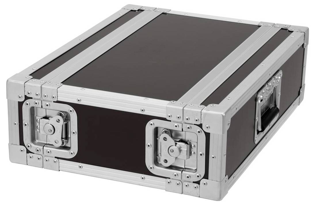 Eine schwarze Omnitronic CSR-8B-Lautsprecherrückansicht mit Anschlüssen und Beschriftungen, einschließlich Leistungsangaben und Impedanzdetails.