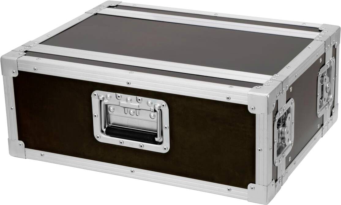 Ein robustes Flugkoffer aus schwarzem und silbernem Metall mit verstärkten Ecken und einem Griff, entwickelt zum sicheren Transport von Ausrüstung.