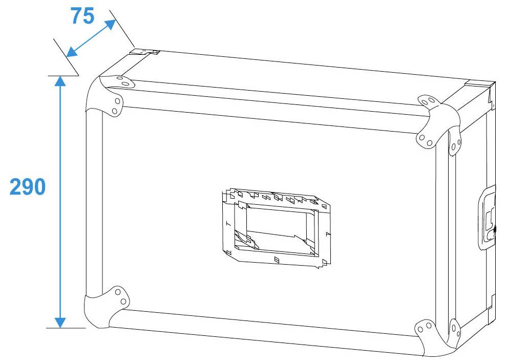 Strichzeichnung eines rechteckigen Gehäuses mit beschrifteten Abmessungen: 75 mm und 290 mm. Enthält verstärkte Ecken und eine Aussparung auf einer Seite.
