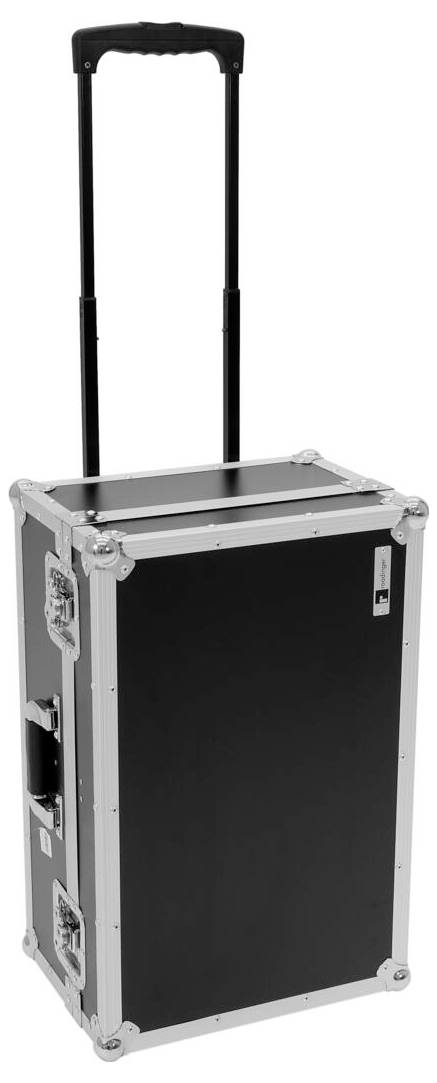 Ein schwarzer und silberner rollbarer Reisekoffer mit ausziehbarem Teleskopgriff für einfachen Transport.