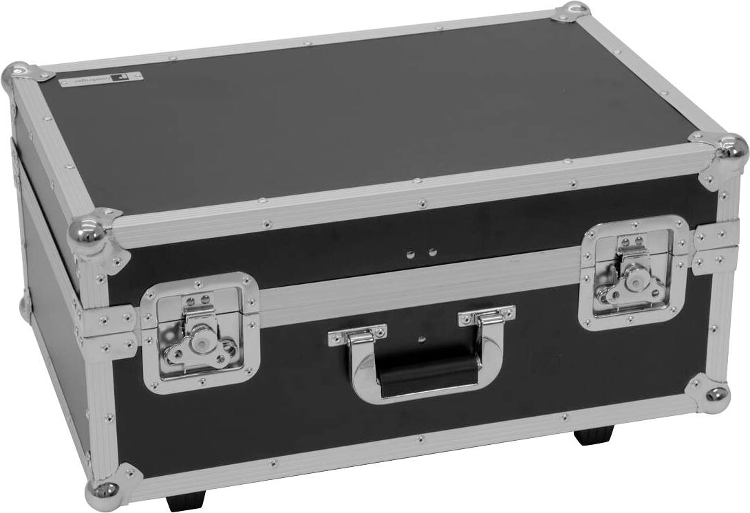 Ein schwarzer, rechteckiger Flugkoffer mit Metallkanten und -ecken, mit zwei Verschlüssen und einem Griff an der Vorderseite zum sicheren Transport.