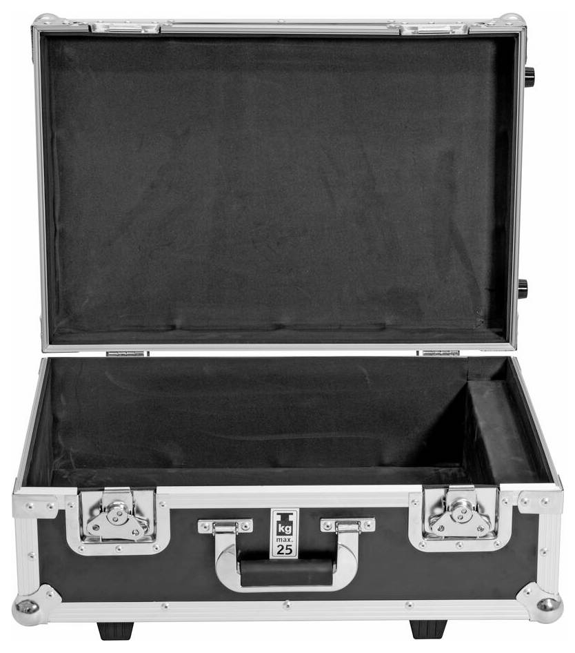 Ein offener schwarz-silberner Flightcase mit einem Etikett mit der Aufschrift „25 kg