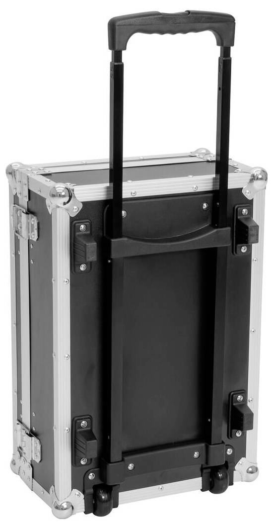 Ein schwarzer und silberner fahrbarer Reisekoffer mit ausfahrbarem Griff, konzipiert für sicheren Transport und ausgestattet mit Metalleckenschutzvorrichtungen.