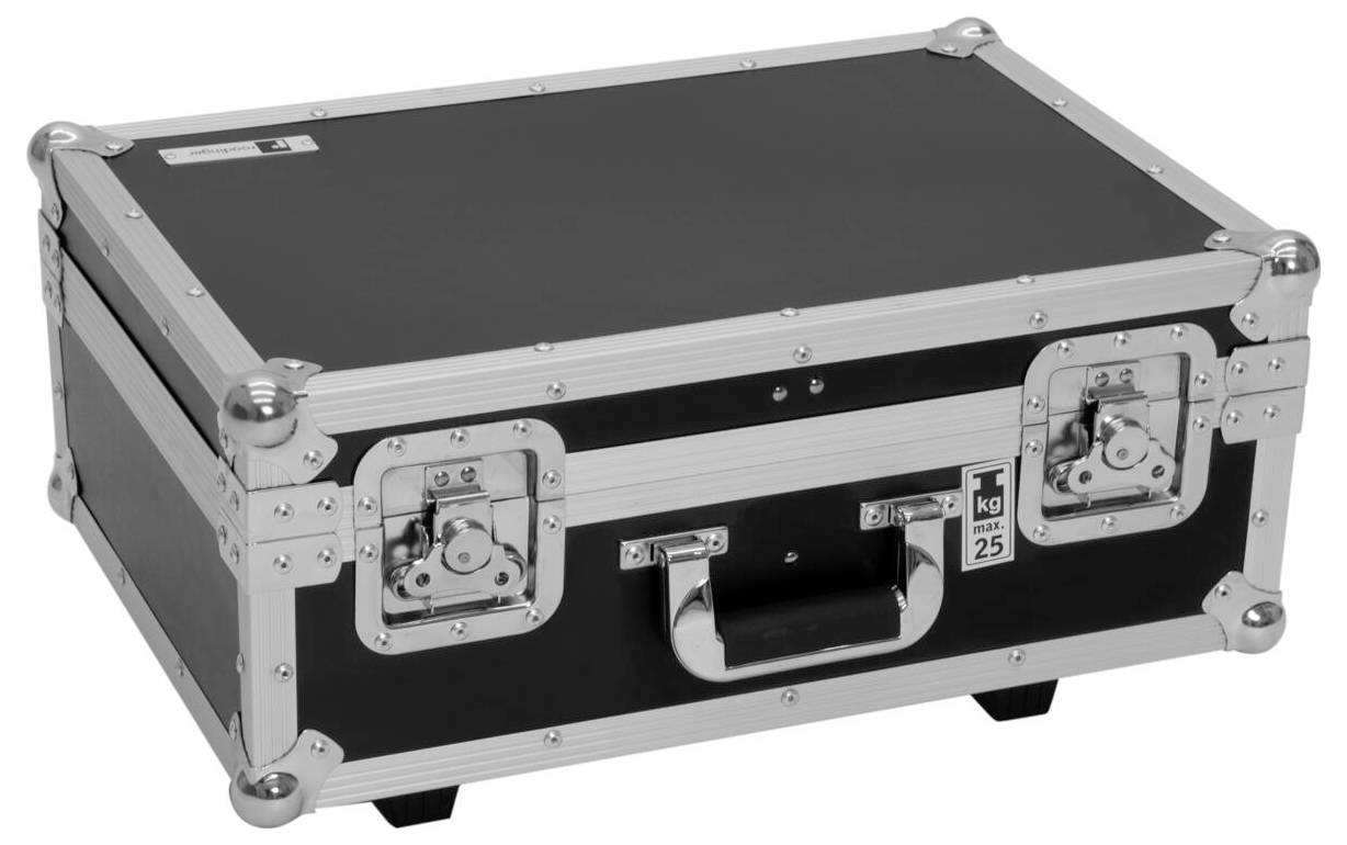 Schwarzes und silbernes Metallgehäuse mit Verschlüssen und Griff, gekennzeichnet mit „25 kg max