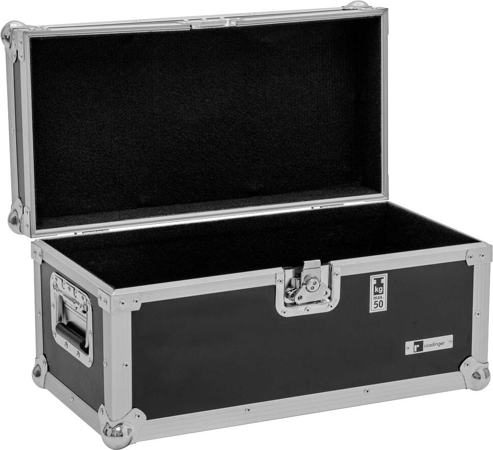 Ein schwarz-silberner Aufbewahrungskoffer mit aufgeklapptem Scharnierdeciel, der sein leeres Inneres zeigt. Er hat Griffe an den Seiten und einen Verschluss vorne.