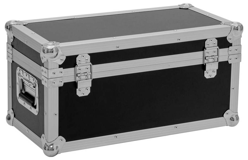 Ein robuster schwarz-silberner Lagertruhe mit verstärkten Kanten und Metallverschlüssen, entwickelt zum Transport und zum Schutz von Ausrüstung.
