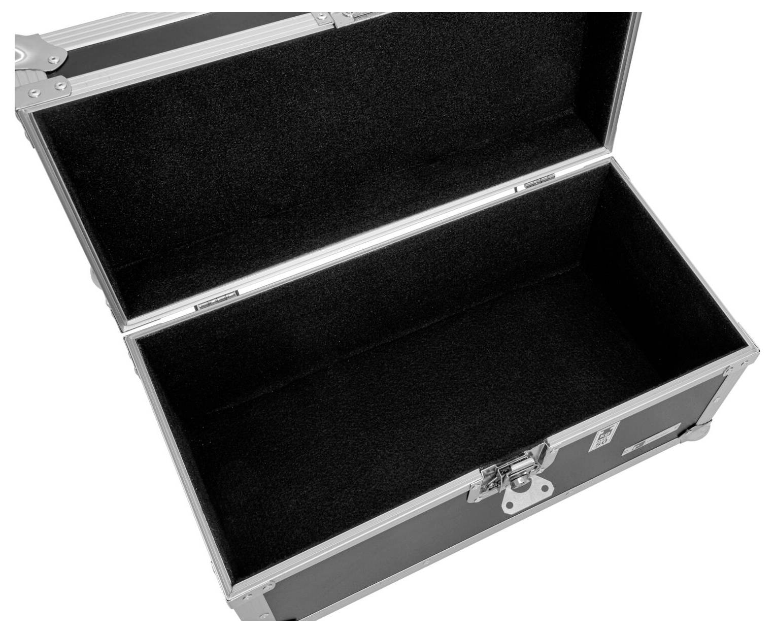 Ein offener, leerer Lager- und Transportkoffer in Schwarz und Silber mit Scharnierdeckel und Metallverschlüssen, entwickelt für den sicheren Transport von Ausrüstung oder Gegenständen.