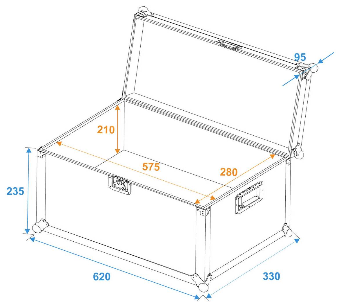 Diagramm einer offenen Lagerkiste mit Abmessungen: Breite 620mm, Tiefe 330mm, Höhe 235mm. Innenmasse: Breite 575mm, Tiefe 280mm. Deckelhohe 95mm.