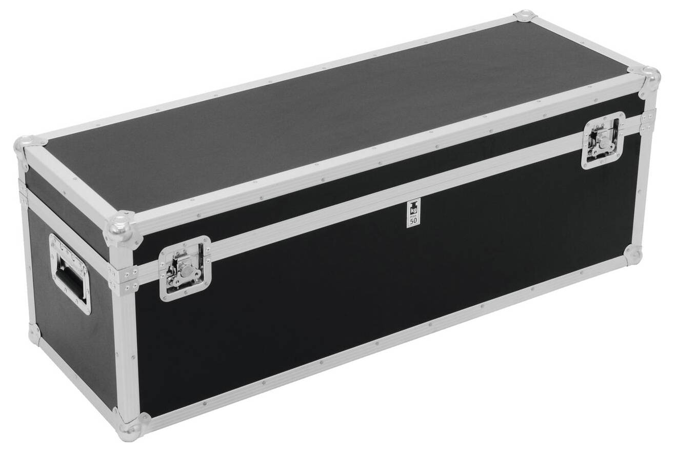 Ein schwarzer, rechteckiger Transportkoffer für Ausrüstung mit Metallkanten, Griffen und Verschlüssen, der zum Schutz und Transport von Gegenständen verwendet wird.