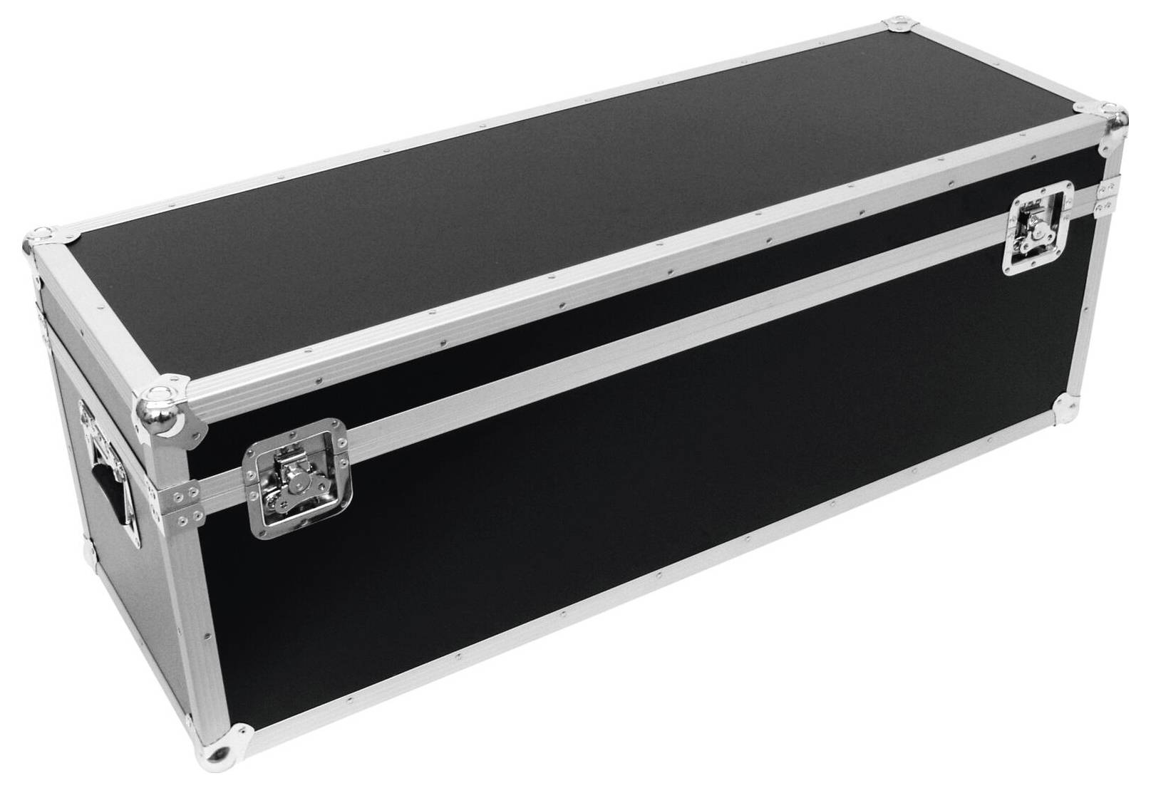 Ein großer, rechteckiger schwarzer Transportkoffer mit Metallkanten und Verschlüssen. Ideal für den sicheren Transport von Ausrüstung.