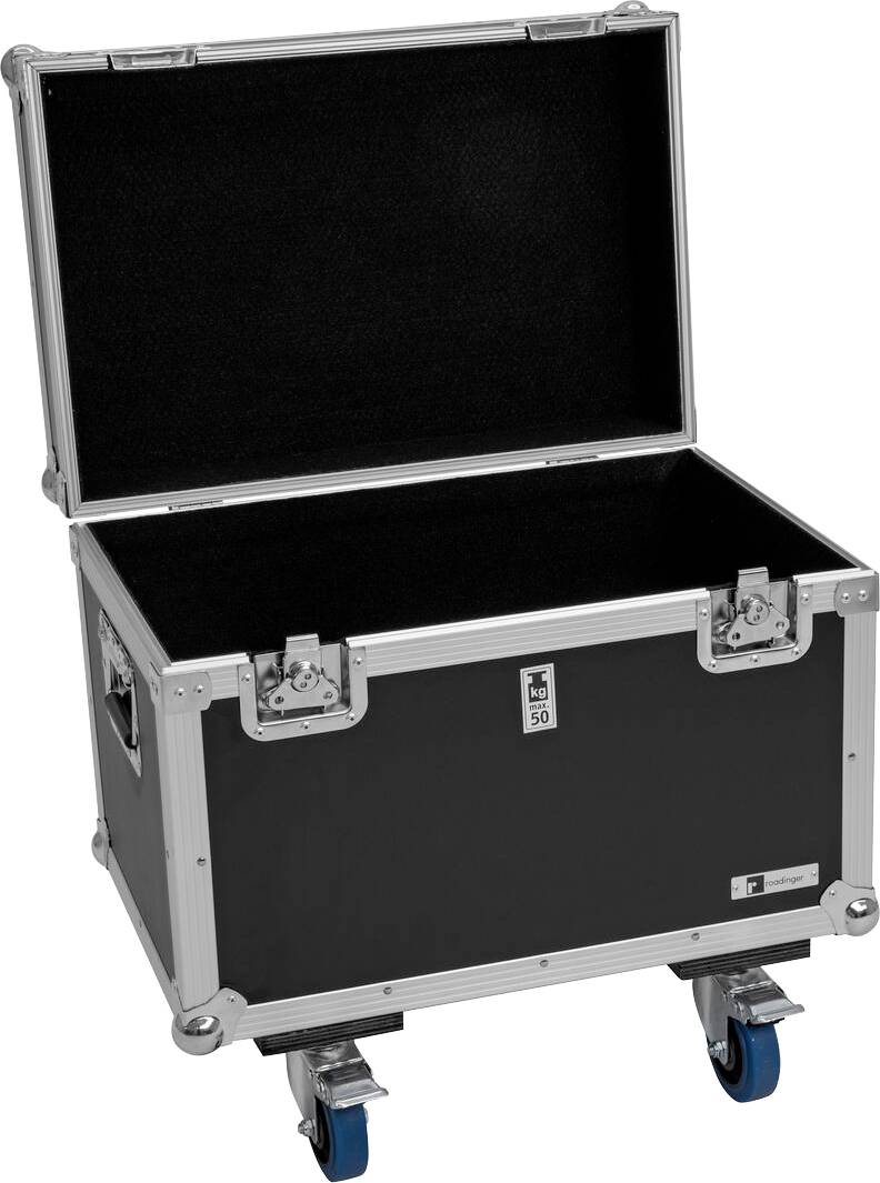 Ein schwarzes und silbernes Flugkofferset mit geöffnetem Deckel und blauen Lenkrollen, typischerweise zum sicheren Transport von Ausrüstung verwendet.