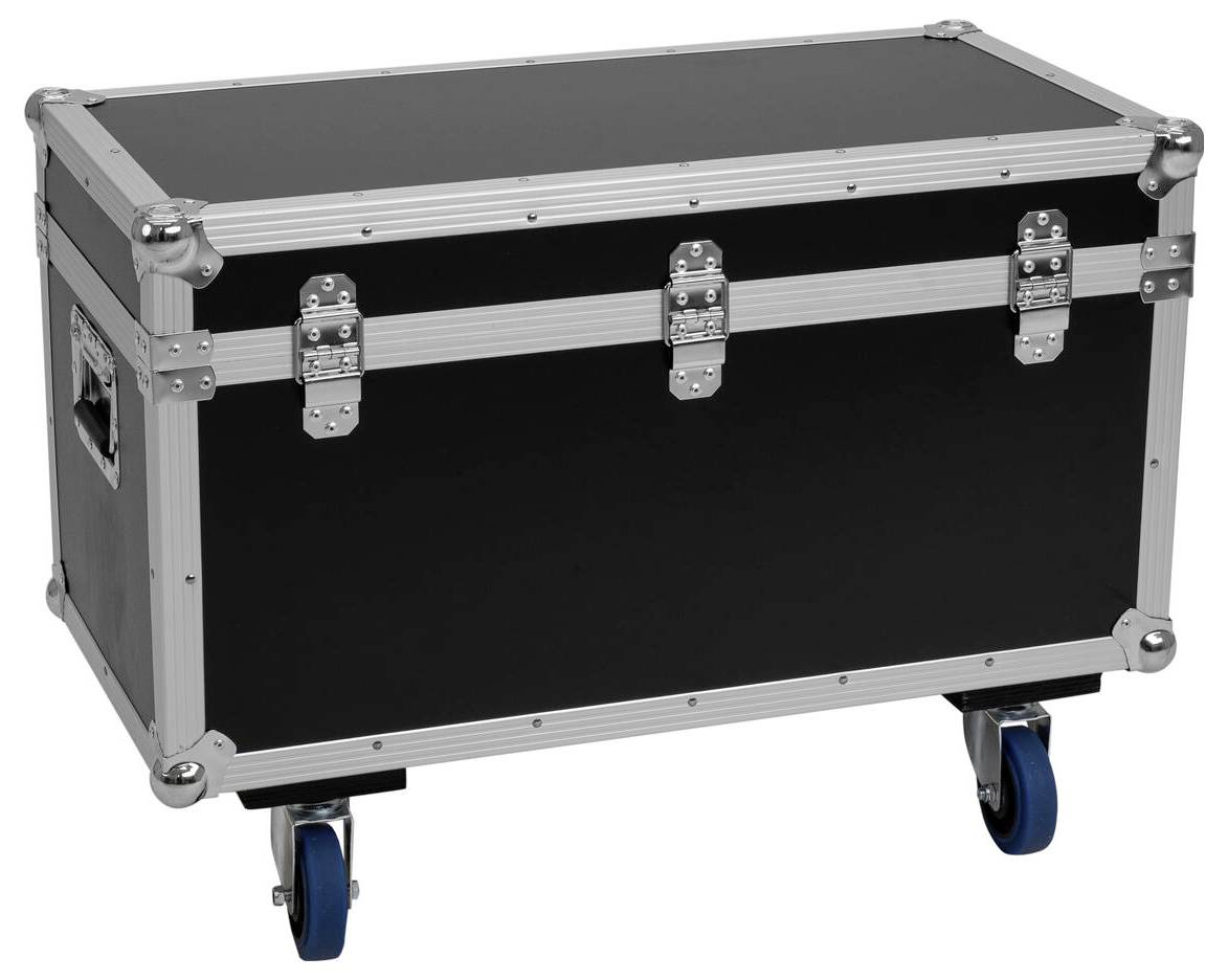 Ein großer schwarzer und grauer Ausrüstungskoffer auf blauen Rädern, der zum Transport schwerer oder wertvoller Gegenstände konzipiert ist.