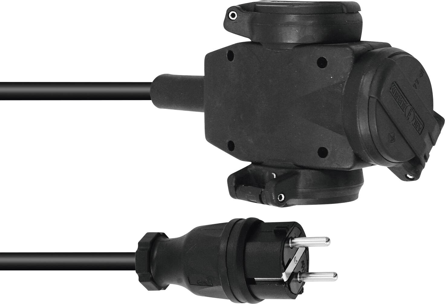 Ein schwarzer Industriestecker und eine schwarze Industriesteckdose mit angebrachtem Kabel, konzipiert für robuste Stromverbindungen im Schwerlastbereich.
