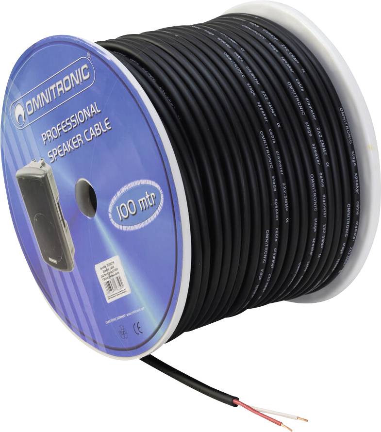 Eine große Spule Omnitronic professionelles Lautsprecherkabel, 100 Meter lang, mit schwarzer Ummantelung und freigelegten roten und weißen Innenleitern.