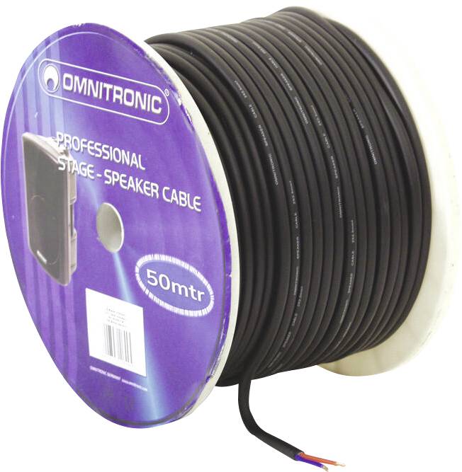 Eine Spule eines Omnitronic-Profibühnensprecherkabels mit der Bezeichnung 50 Meter, die ein geschnittenes Ende mit freiliegenden Kupferdrähten zeigt.