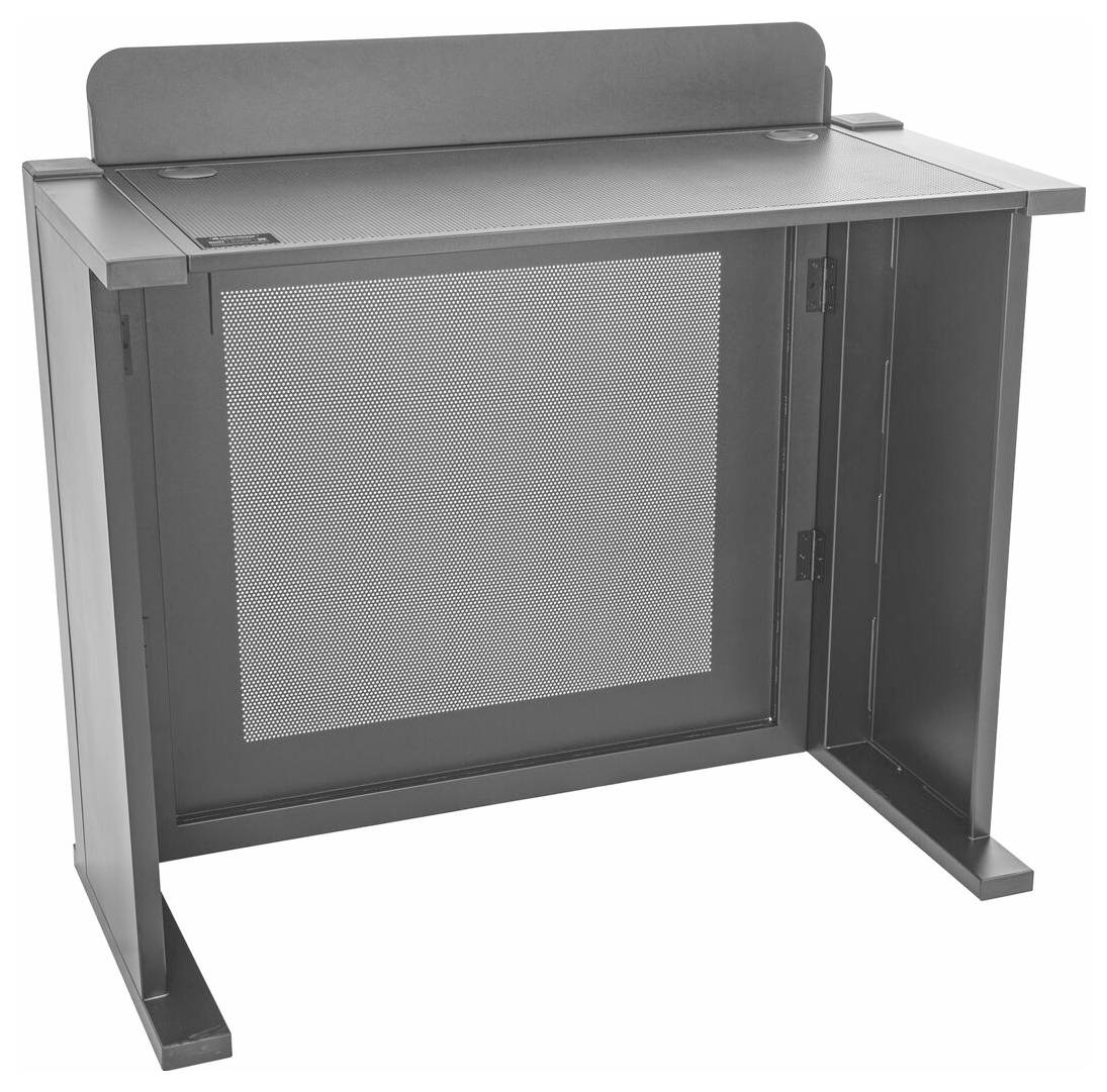 Metallischer Computertisch mit perforiertem Design, zwei Kabelmanagemenlöchern und Datenschutzpanel auf der Rückseite, präsentiert modernen Industriestil.