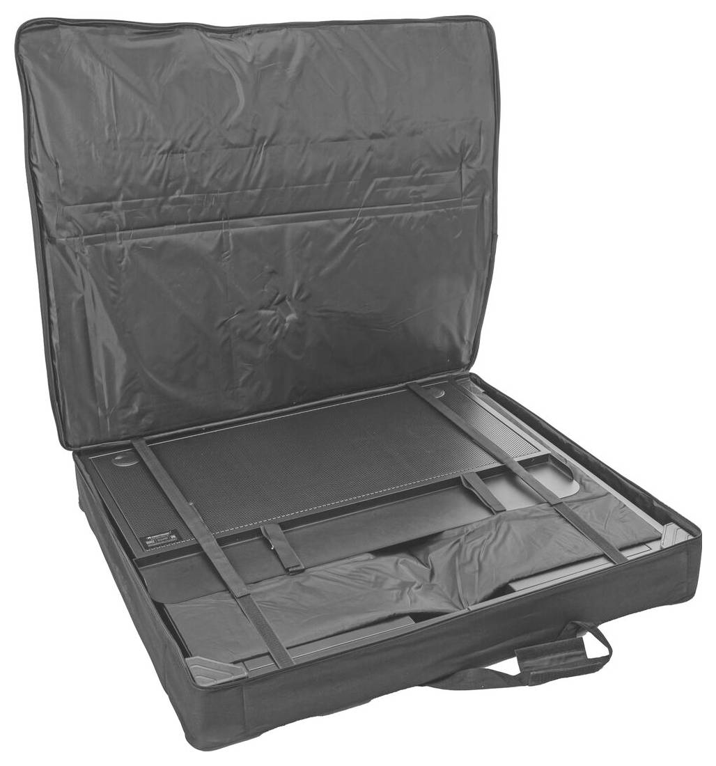 Eine offene schwarze Laptoptasche mit Riemen, die Platz für einen Laptop und Zubehör bietet und einen Griff für einfachen Transport hat.