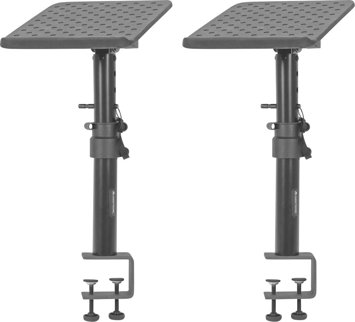 Verstellbare Monitorständer mit Klemmbasen, mit perforierten Plattformen für Belüftung und Höhenverstellmechanismen.