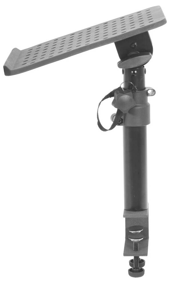 Ein schwarzes Gitarren-Fußstütze mit verstellbarem Metallständer und perforierter Oberseite.