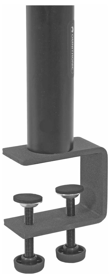 Ein schwarzes, zylindrisches Rohr, das an einer Klammer mit zwei Schraubenknöpfen zur sicheren Befestigung angebracht ist, wird verwendet, um das Rohr auf einer ebenen Fläche zu befestigen.