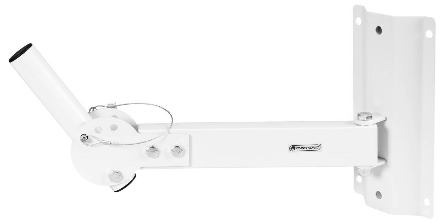 Eine weiße Metallwandhalterung für eine Antenne mit zylindrischer Halterung und einem stabilen, verstellbaren Arm mit Montagelöchern.