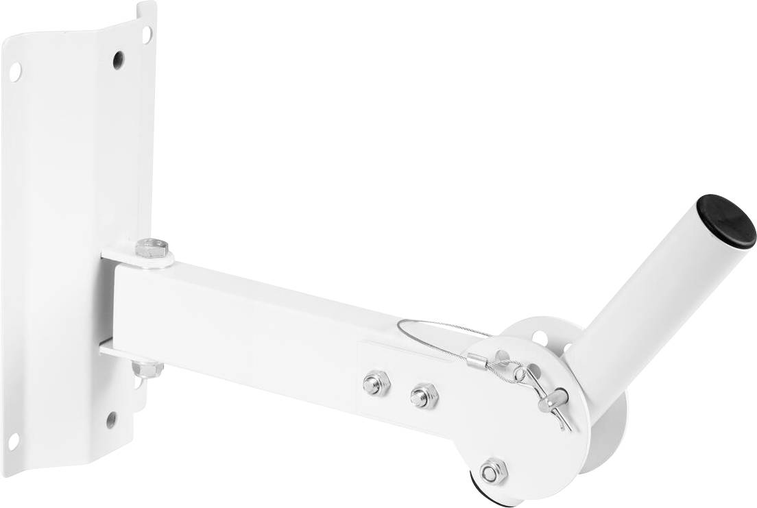 Eine weiße verstellbare Wandhalterung mit Schrauben und Neigungsmechanismus, geeignet zum Halten von Geräten oder Ausrüstung.
