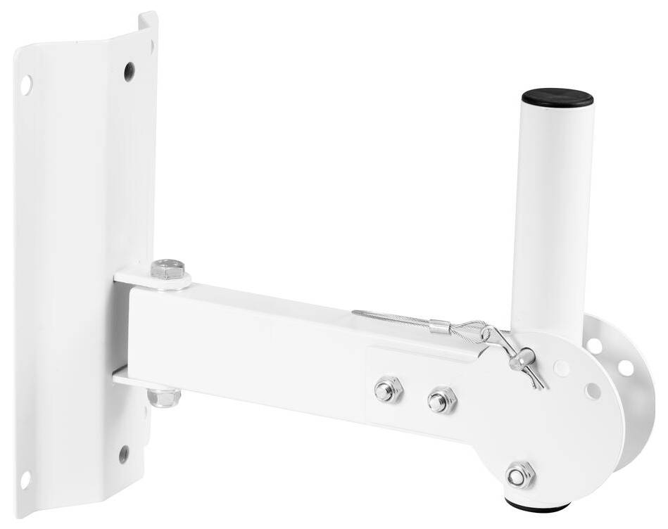 Eine weiße wandmontierte Halterung mit verstellbarem Arm und zylindrischem Halter, entwickelt zur Befestigung von Ausrüstung oder Objekten an ihrem Platz.