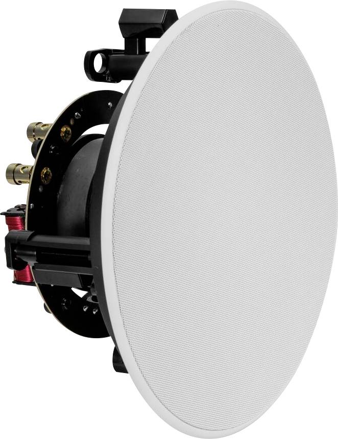 Einbaulautsprecher mit rundem Gitter, von der Seite gesehen, mit sichtbaren Anschlüssen und Komponenten. Geeignet für Heimaudiosysteme.