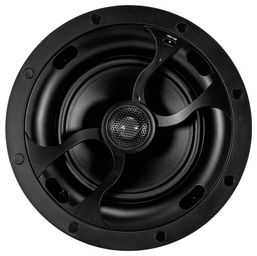 „Ein schwarzer runder Lautsprecher mit einem metallischen Gitter in der Mitte, umgeben von gekrümmten schwarzen Strukturen in einem runden Gehäuse.