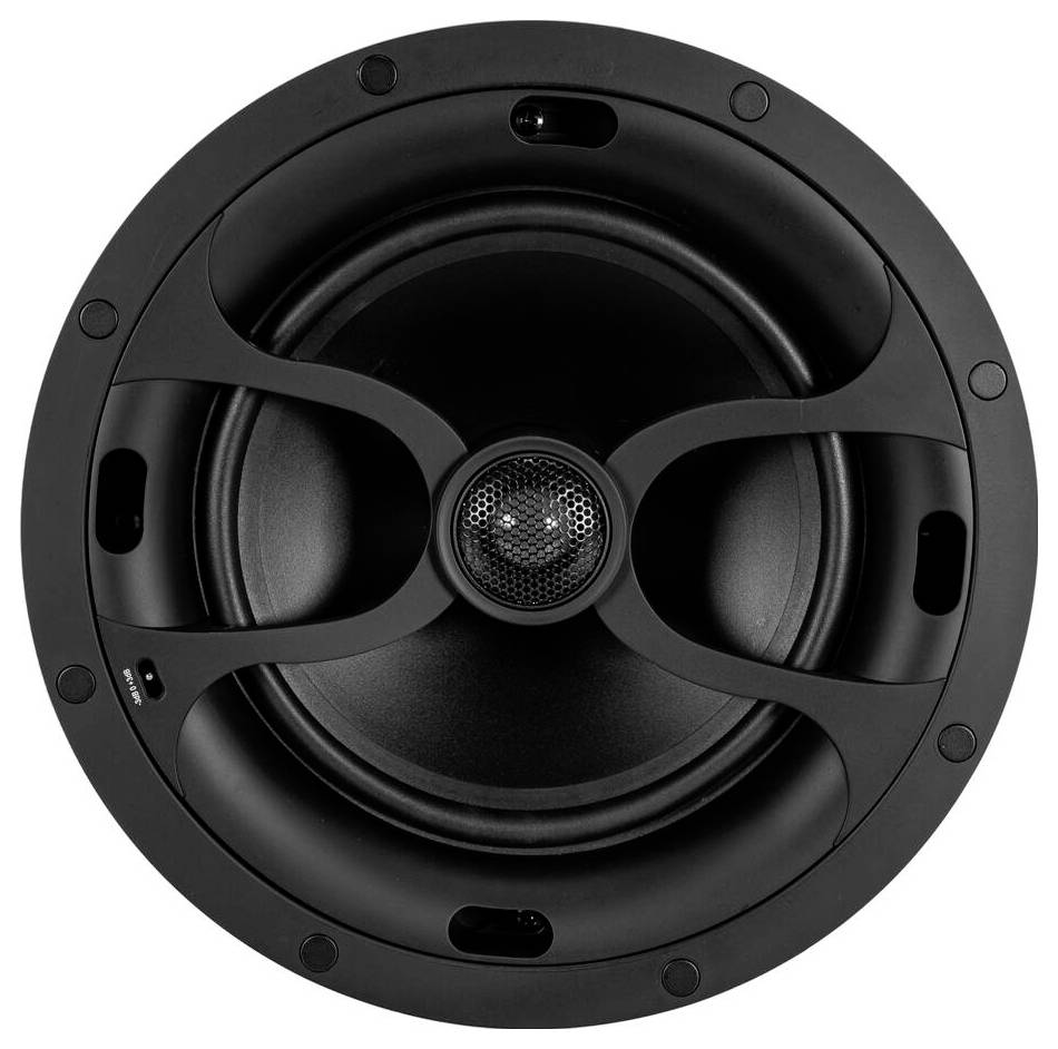 Ein rundes, schwarzes Deckenlautsprecher mit einem zentralen Mesh-Gitter und vier gebogenen Halterungen, entwickelt für hochwertige Audioausgabe in Wohn- oder Büroumgebungen.