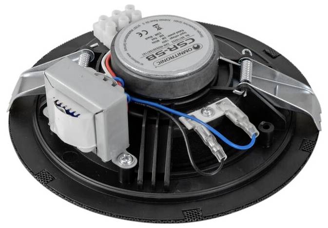 Ein runder Deckeneinbaulautsprecher mit sichtbaren Kabeln und Befestigungsclips, geeignet für Audioinstallationen.